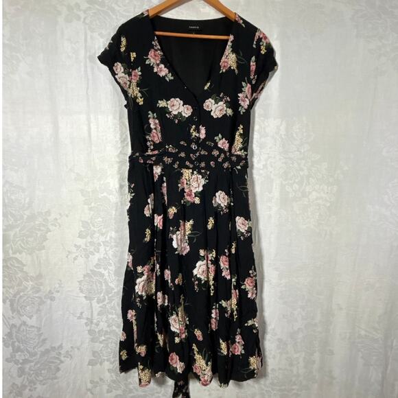 Torrid Midi Dress 1 1X Black Pink Floral Button Front Tie Cap Sleeve Contrast - Picture 1 of 11
